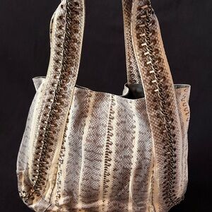 Snake Skin with Chain Detailing Tan and Brown Women's Tote Bag